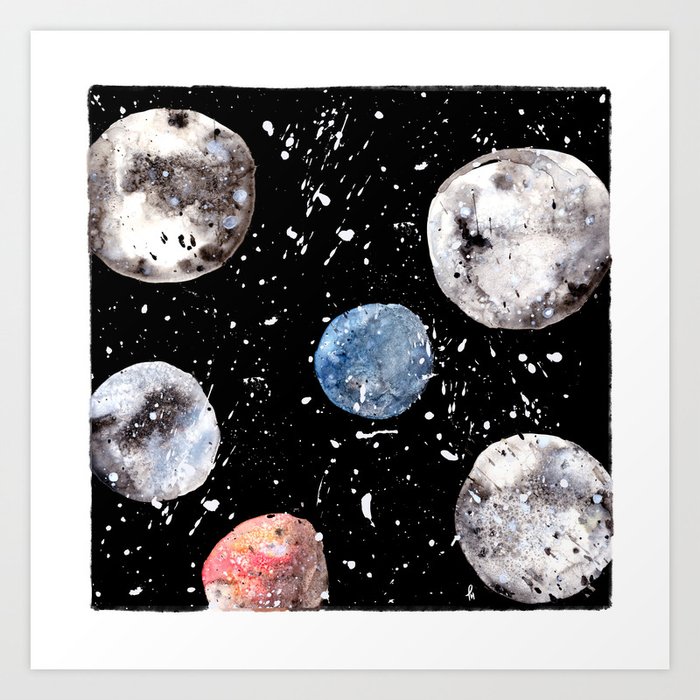 Many Moons Watercolor Planets Solar System Galaxy Universe Cosmic Outerspace Art Print By Patricehorvath