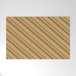 [ Thumbnail: Green & Dark Salmon Colored Lines/Stripes Pattern Welcome Mat ]