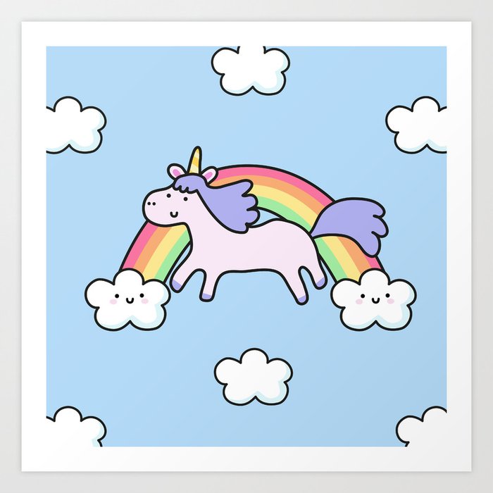 Unicorn with Rainbow Art Print by kirakiradoodles | Society6