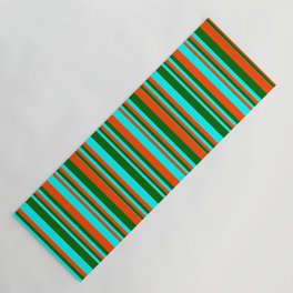 [ Thumbnail: Red, Cyan, and Dark Green Colored Lined/Striped Pattern Yoga Mat ]