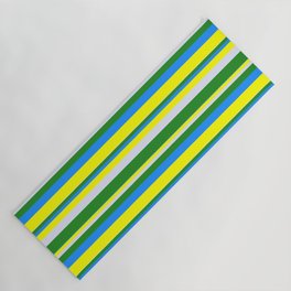 [ Thumbnail: Lavender, Forest Green, Blue & Yellow Colored Striped Pattern Yoga Mat ]