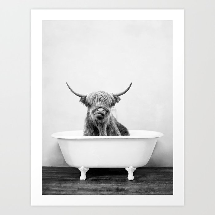 Highland Cow in a Vintage Bathtub (bw) Art Print by amypetersonartstudio Society6