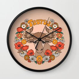 Taurus retro 70s florals poppies bull zodiac sign print Wall Clock