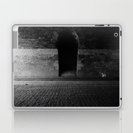 Poodle loose under a stone bridge in Paris | Minimalist black and white urban photography Laptop Skin