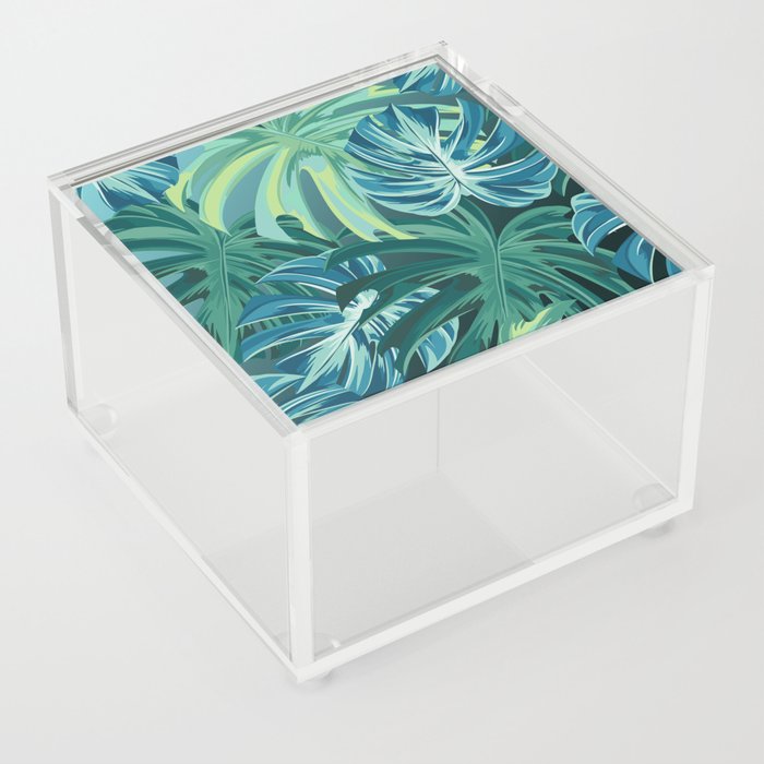 Tropical Monstera Palm Leaves on Teal Acrylic Box