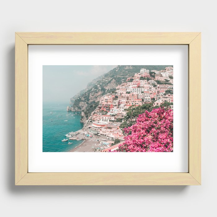 Positano Italy Beach Scenic Pink Flowers Travel Photography Recessed Framed Print