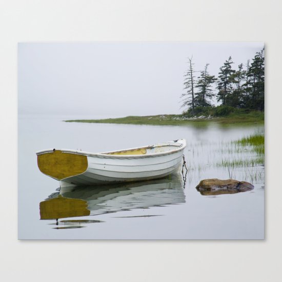 A Fine Art Photograph of a White Maine Boat on a Foggy Morning Canvas Print