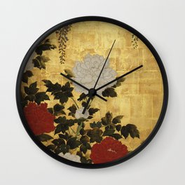Vintage Japanese Floral Gold Leaf Screen With Wisteria and Peonies Wall Clock