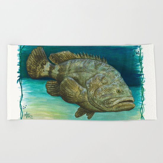 "Goliath Grouper" by Amber Marine ~ Watercolor Painting, (c) 2016 Beach Towel