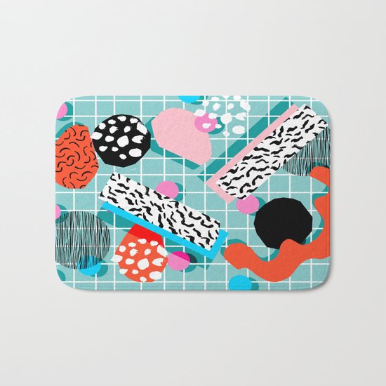 The 411 - wacka abstract memphis grid throwback retro cool neon 80s style minimal mixed media Bath Mat