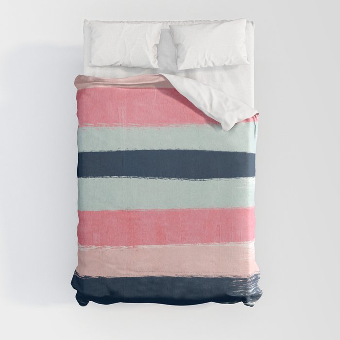 Striped painted coral mint navy pink pattern stripes minimalist Duvet Cover