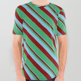 [ Thumbnail: Sky Blue, Dark Red & Sea Green Colored Striped Pattern All Over Graphic Tee ]