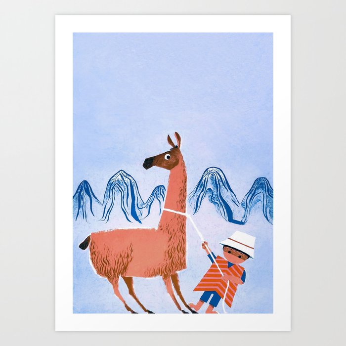 Llama and Boy Retro Vintage Animal Poster Art Print