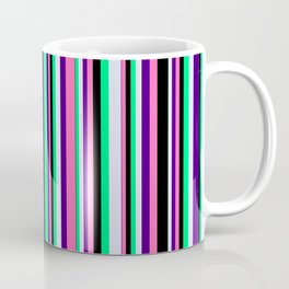 [ Thumbnail: Eye-catching Green, Lavender, Indigo, Hot Pink & Black Colored Lines/Stripes Pattern Coffee Mug ]