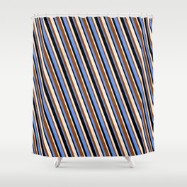 [ Thumbnail: Brown, Cornflower Blue, Black, and Beige Colored Lines/Stripes Pattern Shower Curtain ]