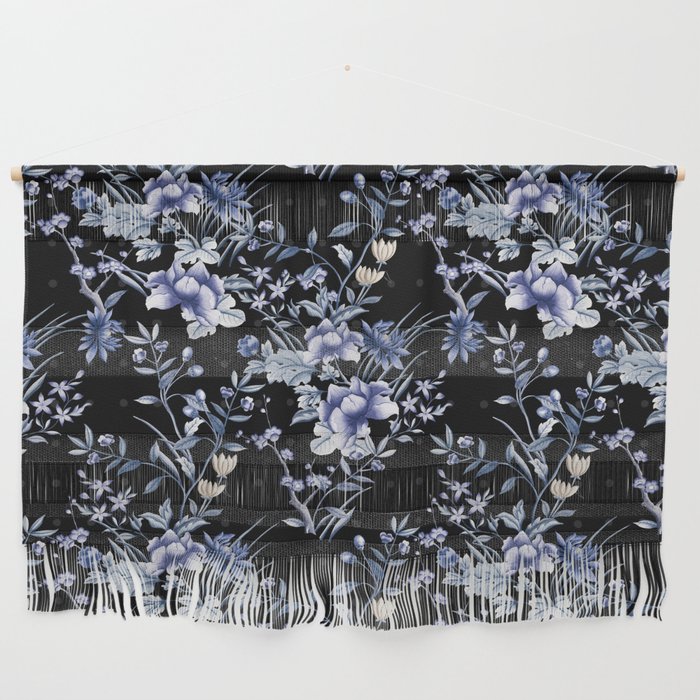 Chinoiserie Flowers and Dots Pattern Blue and Bisque Wall Hanging