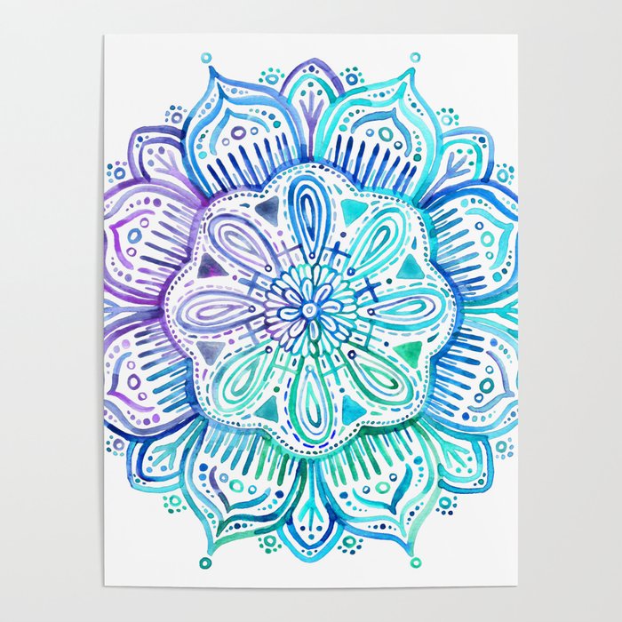 Iridescent Aqua and Purple Watercolor Mandala Poster