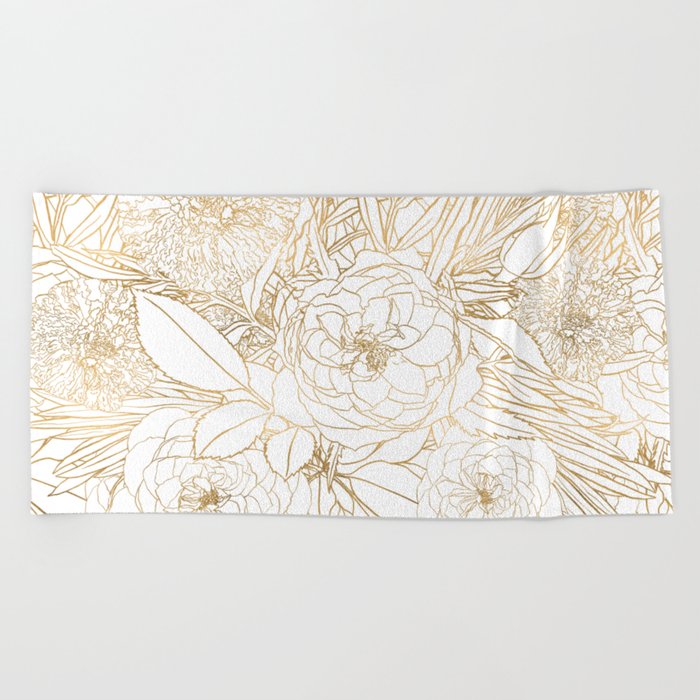 Trendy Gold Roses & Marigold Flowers White Design Beach Towel