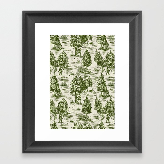 Bigfoot / Sasquatch Toile de Jouy in Forest Green Framed Art Print