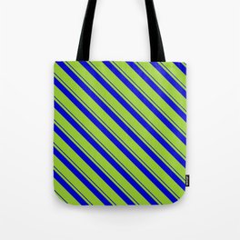 [ Thumbnail: Blue & Green Colored Pattern of Stripes Tote Bag ]