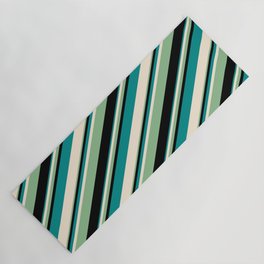 [ Thumbnail: Dark Cyan, Beige, Dark Sea Green, and Black Colored Lines/Stripes Pattern Yoga Mat ]