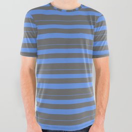 [ Thumbnail: Cornflower Blue and Dim Grey Colored Stripes Pattern All Over Graphic Tee ]