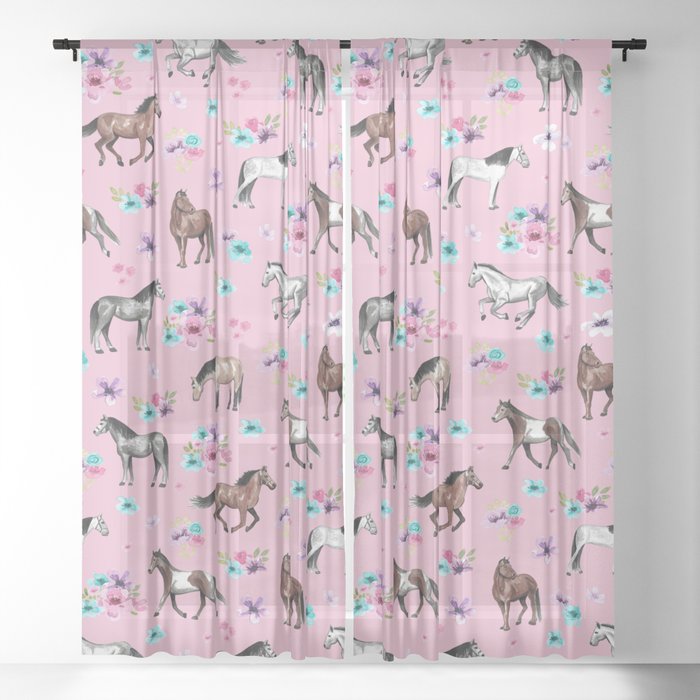 Horses Flowers Pink Pattern Horse Illustration Little Girls Room Watercolor Sheer Curtain By Cateandrainn