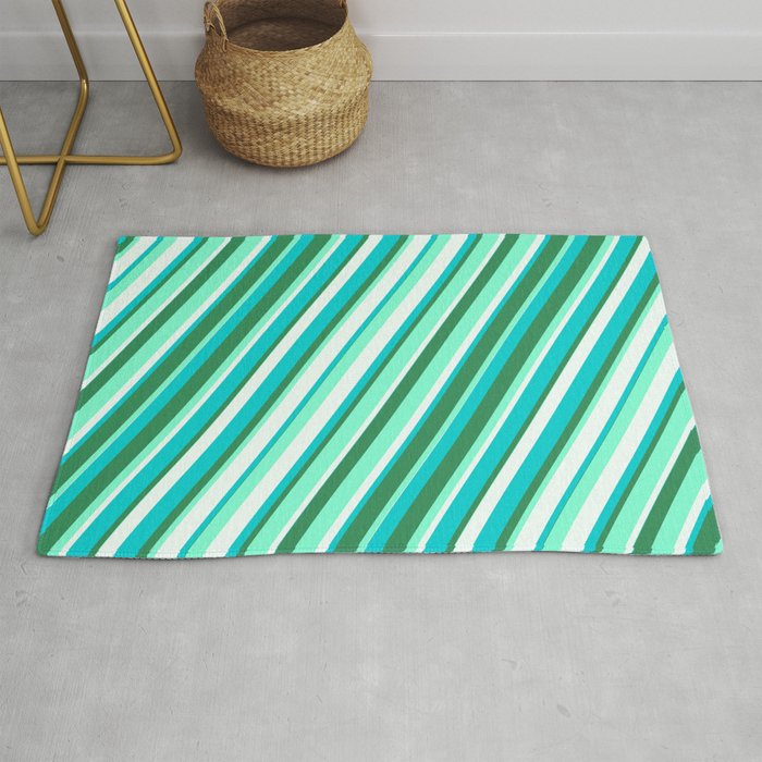 Dark Turquoise, Sea Green, Aquamarine, and Mint Cream Colored Striped/Lined Pattern Rug