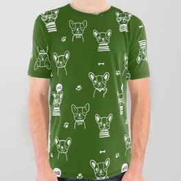 Green and White Hand Drawn Dog Puppy Pattern All Over Graphic Tee
