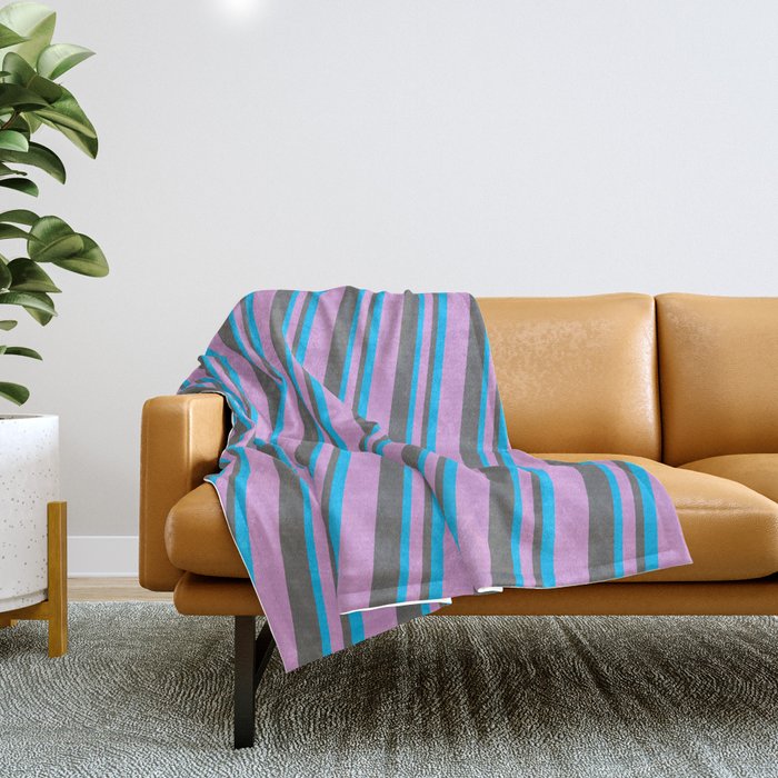 Plum, Dim Gray, and Deep Sky Blue Colored Striped Pattern Throw Blanket