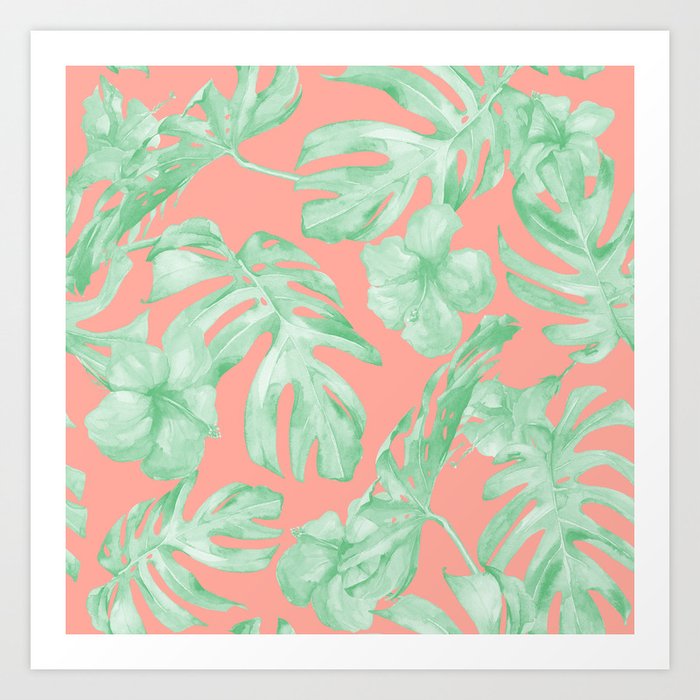 Tropical Palm Leaves Hibiscus Flowers Coral Green Art Print