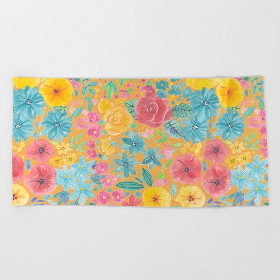 Floral watercolor pattern in yellow Beach Towel