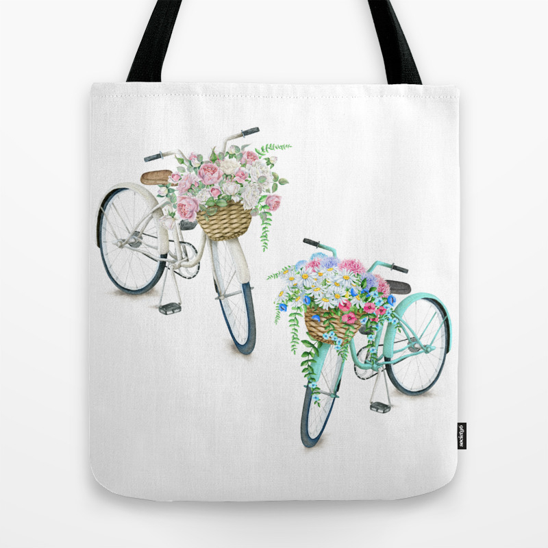 Two Vintage Bicycles With Flower Baskets Tote Bag By Goldenredeagle Society6