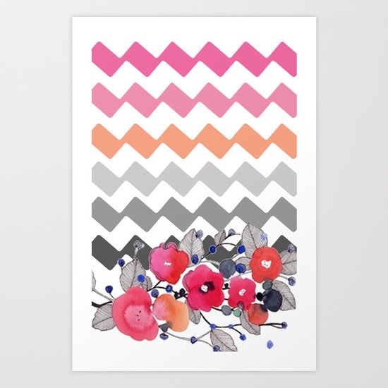 Colourful Flowers and Zig Zags Art Print