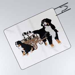 Family of Bernese Mountain Dogs with Wooden Wagon Picnic Blanket