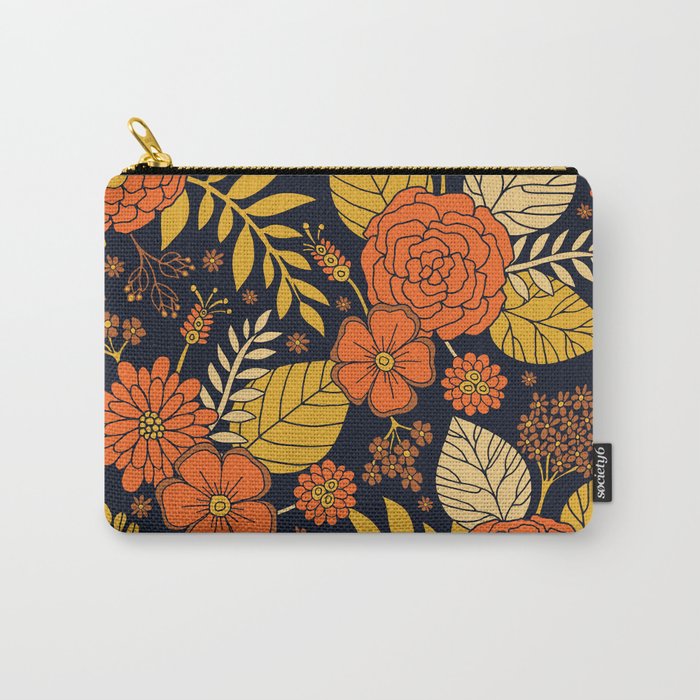 Retro Orange, Yellow, Brown, & Navy Floral Pattern Carry-All Pouch