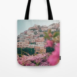 Positano, Italy Travel Photography with Pink Flowers Tote Bag