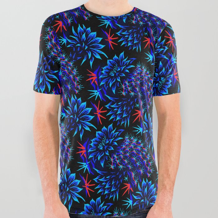 Cactus Floral - Bright Blue/Red All Over Graphic Tee