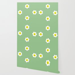 Happy White Daisies Sage Green Wallpaper
