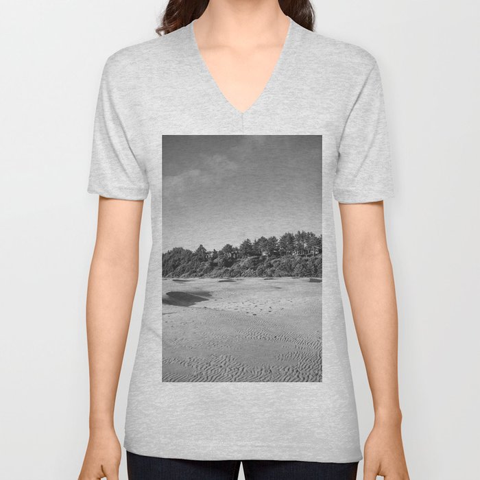 Oregon Coast Beach | Black and White Photography V Neck T Shirt