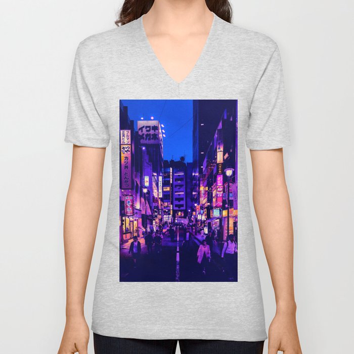 Tokyo Neon City V Neck T Shirt