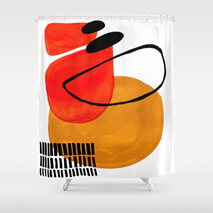 Mid Century Modern Abstract Vintage Pop Art Space Age Pattern Orange Yellow Black Orbit Accent Shower Curtain