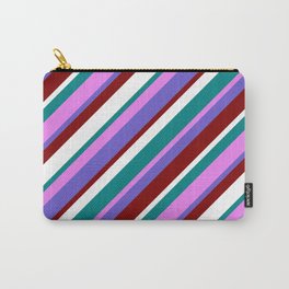 [ Thumbnail: Vibrant Teal, Violet, Slate Blue, Maroon & White Colored Pattern of Stripes Carry-All Pouch ]