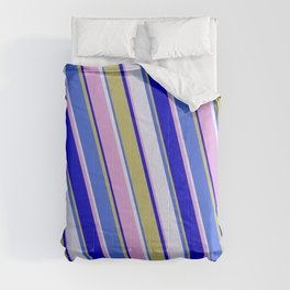[ Thumbnail: Vibrant Royal Blue, Lavender, Plum, Blue, and Dark Khaki Colored Lined/Striped Pattern Comforter ]