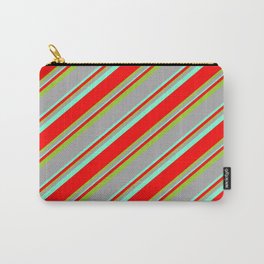 [ Thumbnail: Dark Gray, Aquamarine, Red & Green Colored Lines Pattern Carry-All Pouch ]