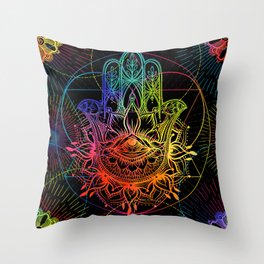 Seamless pattern with ornate hand drawn hamsa. Popular Arabic and Jewish amulet. illustration. illustration in neon, fluorescent colors.  Throw Pillow