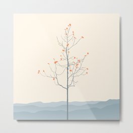 Twig Tree - Serenity Metal Print | Landscape, Nature, Blue, Leaves, Orange, Graphicdesign, Serenity, Mountains, Illustration, Sky 