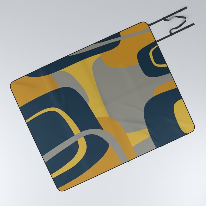 Midcentury Modern Abstract 2 in Mustard, Navy Blue, and Gray Picnic Blanket