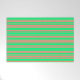 [ Thumbnail: Green and Dark Salmon Colored Lined Pattern Welcome Mat ]
