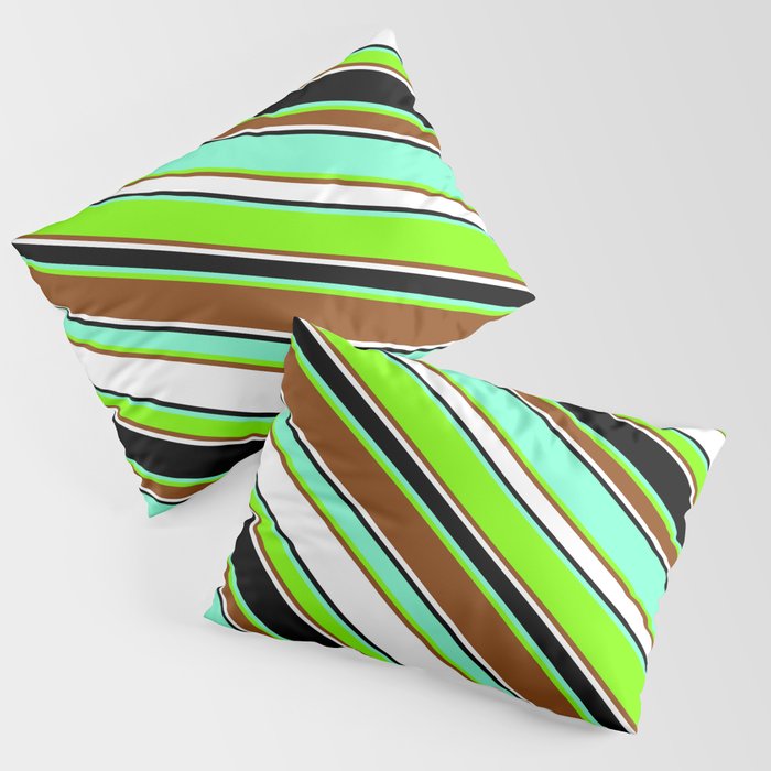 Aquamarine, Chartreuse, Brown, White, and Black Colored Striped/Lined Pattern Pillow Sham